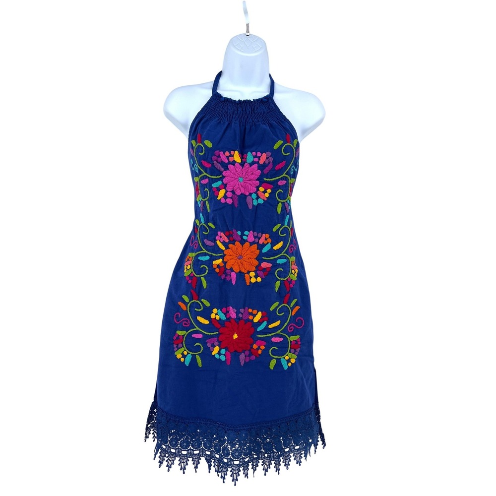 Solei Mexican Floral Embroidered Halter Dress Romance Smocked Crochet Lace S/M